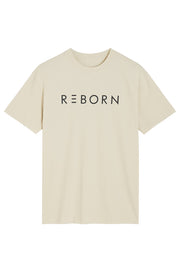 t shirt beige con scritta nera su sfondo bianco