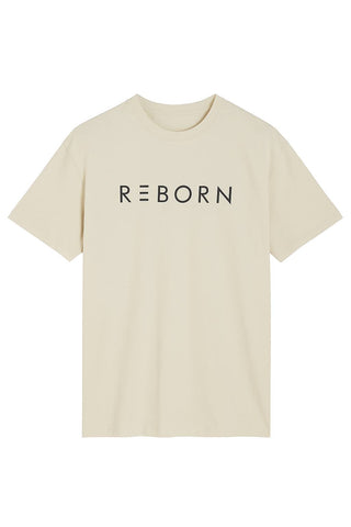 t shirt beige con scritta nera su sfondo bianco